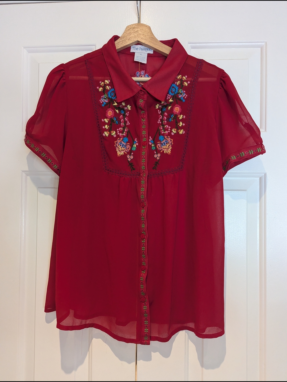 PARAGON Red Short-Sleeve Embroidered Button-Up Blouse Shirt Top Cottagecore L/XL